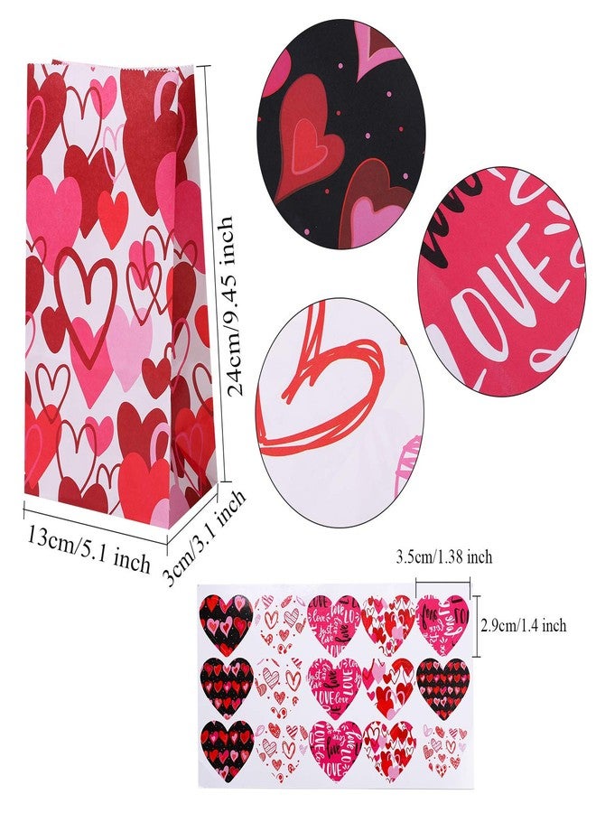 Cooraby 48 Pieces Valentines Day Paper Bags Kraft Party Hearts Gift Bags Craft Paper Bags with 60 Pieces Label Stickers for Valentine's Day Party Supplies - Image 2